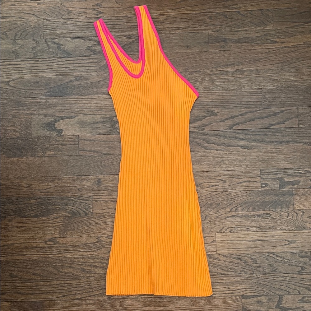 Peppermayo Orange Ribbed Mini Dress with Pink Trim